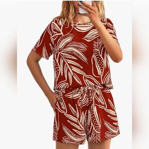 Tropical Print 2 Piece Vacation Set - Short Sleeve Top - Drawstring Shorts XL